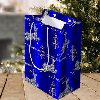 Sparkling Diamond Reindeer Silver Christmas Blue Medium Gift Bag