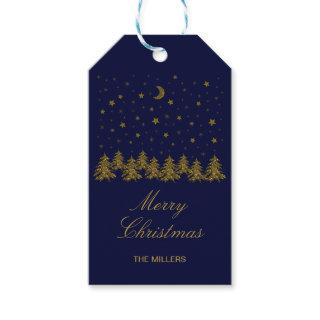 Sparkly gold Christmas tree, moon, stars on blue Gift Tags