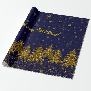 Sparkly Gold Christmas tree, stars, snow on blue W