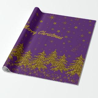 Sparkly Gold Christmas tree, stars, snow on purple