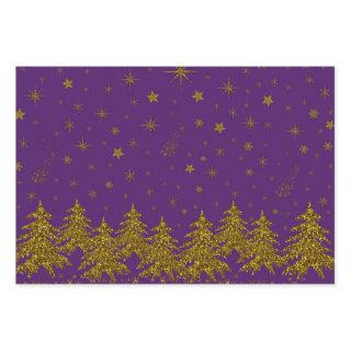 Sparkly Gold Christmas tree, stars, snow on purple  Sheets