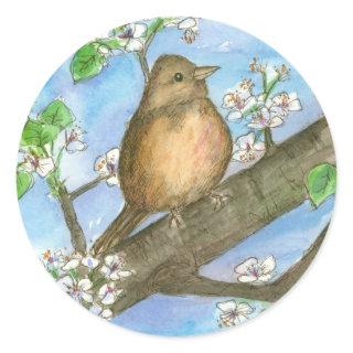 Sparrow Bird Fruit Tree Watercolor Wildlife Art Classic Round Sticker