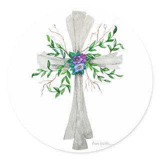 Speak Jesus Grey Cross with Flowers Classic Round Sticker