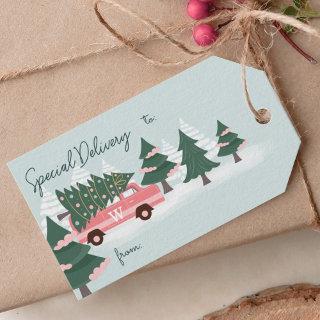 Special Delivery Christmas Tree Retro Pink Van Gift Tags