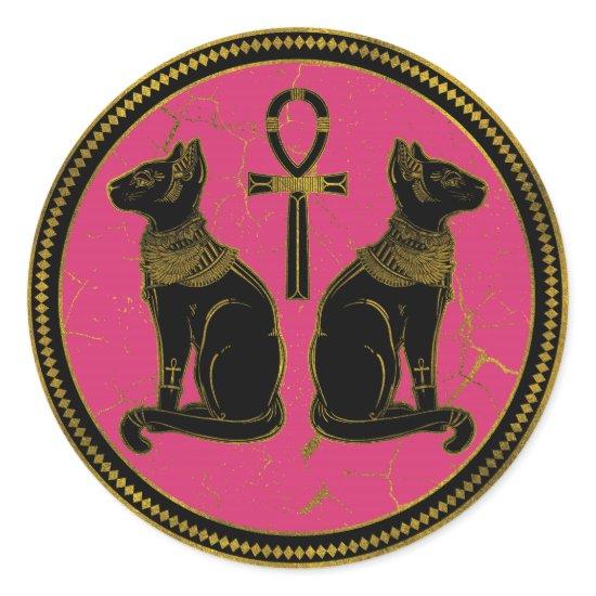 Sphynx Black & Gold Egyptian  cat on fuchsia Classic Round Sticker