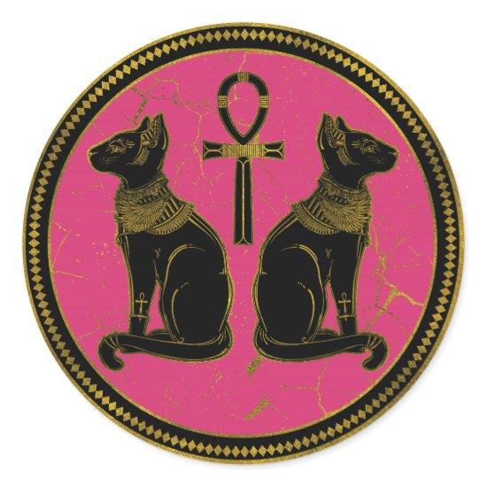 Sphynx Black & Gold Egyptian  cat on fuchsia Classic Round Sticker