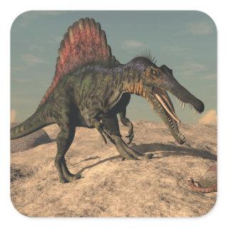 Spinosaurus dinosaur hunting a snake square sticker