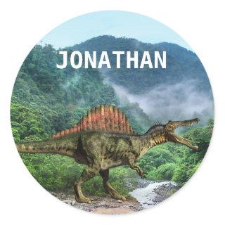 Spinosaurus Dinosaur Monogram name  Classic Round Sticker