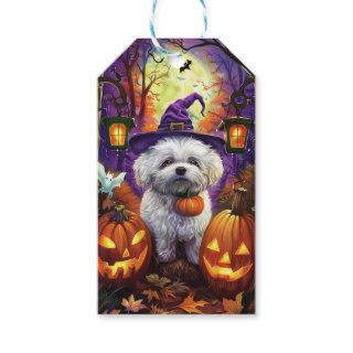 Spooky Bichon Frise Halloween Witch And Pumpkin Gift Tags