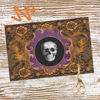 Spooky Elegant Orange Hallloween Skull on Damask Tissue Paper