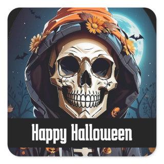 Spooky Skeleton with Evil Pumpkins Halloween Square Sticker