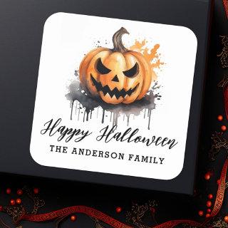 Spooky watercolor Jack-o-Lantern Happy Halloween Square Sticker