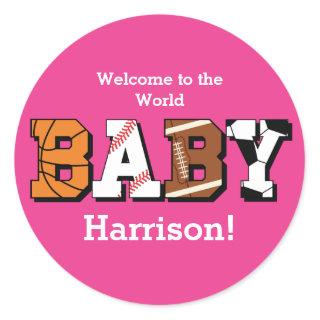 Sports Baby Shower Pink Girl Classic Round Sticker