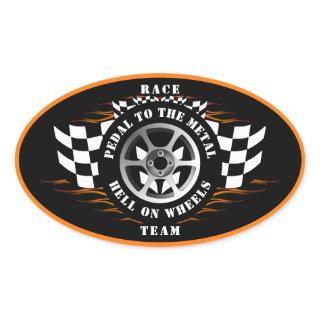 Sports Car Racing Checkered Flag Flames Helmet   Oval Sticker