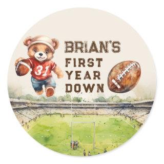sports football first year down boy 1st birthday classic round sticker