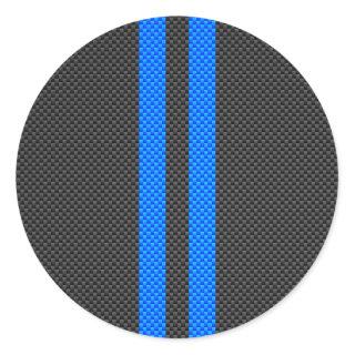 Sporty Sky Blue Carbon Fiber Style Racing Stripes Classic Round Sticker