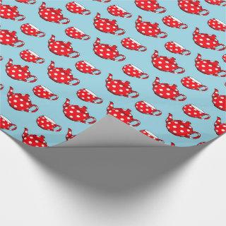Spotty Red Teapot and Cups Blue Pattern