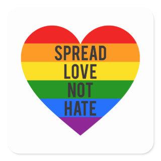 Spread love, not hate, rainbow heart square sticker