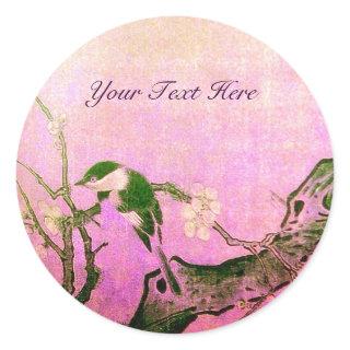 SPRING BIRD AND FLOWER TREE Pink Fuchsia Classic Round Sticker