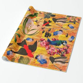 SPRING BIRDS,FEATHERS,FRUITS Music Notes Yellow