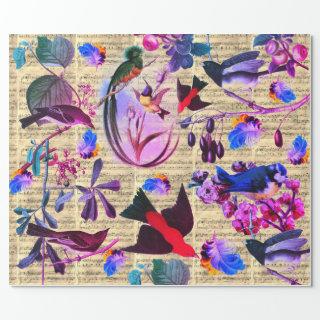 SPRING BIRDS,FEATHERS,FRUITS Pink Blue Music Notes