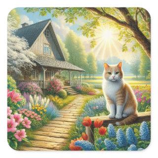 Spring cottage/garden & cat square sticker