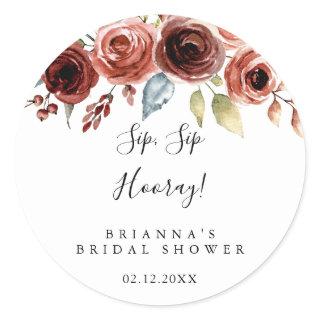 Spring Elegant Floral Sip Sip Hooray Bridal Shower Classic Round Sticker