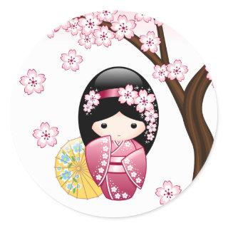 Spring Kokeshi Doll - Cute Japanese Geisha Girl Classic Round Sticker