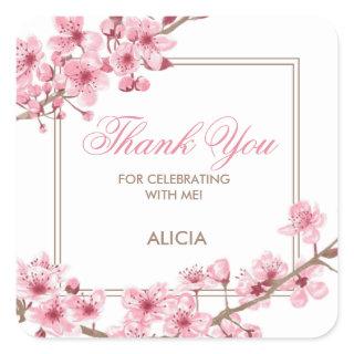 Spring Pink Cherry Blossom Floral Birthday  Square Sticker