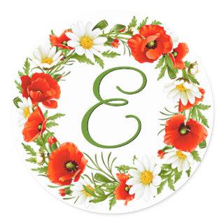 Spring Poppies Daisies Monogram Wreath Classic Round Sticker