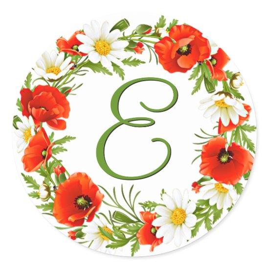 Spring Poppies Daisies Monogram Wreath Classic Round Sticker