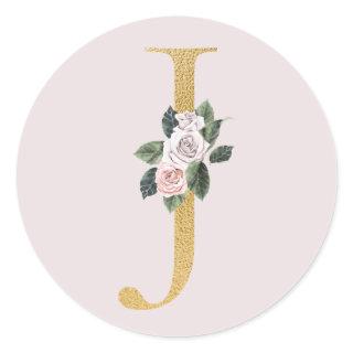 Spring roses gold initials sticker letter J
