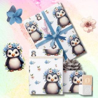Spring Watercolor Penguins with Flowers in White