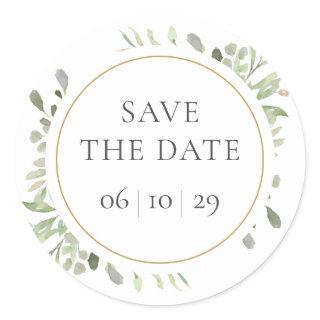 Spring Watercolour Greenery Leaves Save the Date Classic Round Sticker