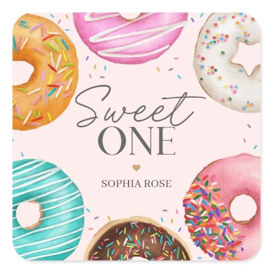 Sprinkled Donut Sweet ONE 1st Birthday Party Square Sticker