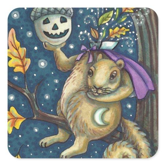 SQUIRREL OF SLEEPY HOLLOW & ACORN, FUNNY HALLOWEEN SQUARE STICKER