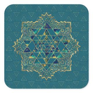 Sri Yantra  / Sri Chakra Gold, Marble and Teal Square Sticker
