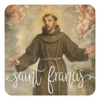 St. Francis of Assisi |White Script Overlay Square Sticker