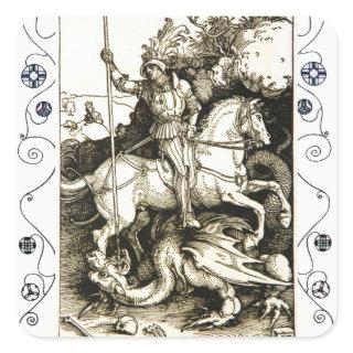 ST. GEORGE AND DRAGON , Black White Square Sticker