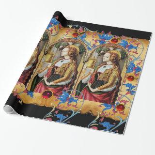 ST MARY MAGDALENE BLUE FLORAL PARCHMENT  RED GEMS