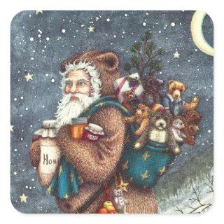 ST. NICK IN TEDDY BEAR SUIT, CHRISTMAS TEDDIES SQUARE STICKER