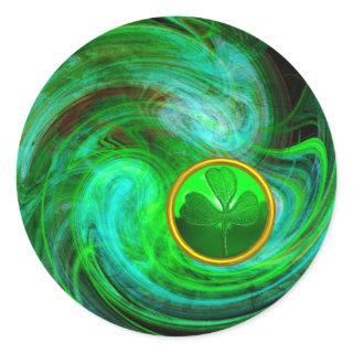 ST PATRICKS DAY SHAMROCK IN BLUE GREEN FRACTALS CLASSIC ROUND STICKER