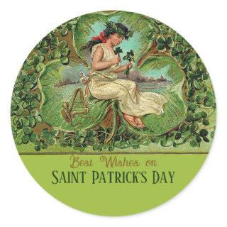 St. Patrick's Day Vintage Girl with Shamrocks  Classic Round Sticker