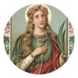 St. Philomena Pink Roses Palm Cord Classic Round Sticker