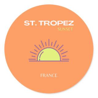 St Tropez, France, Sunset, Travel Art, Orange Classic Round Sticker
