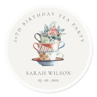 Stacked Cups Floral Any Age Birthday Tea Party Classic Round Sticker