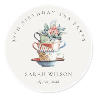 Stacked Cups Floral Any Age Birthday Tea Party Classic Round Sticker