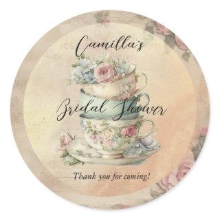 Stacked Floral Teacups Ephemera Bridal Shower Classic Round Sticker