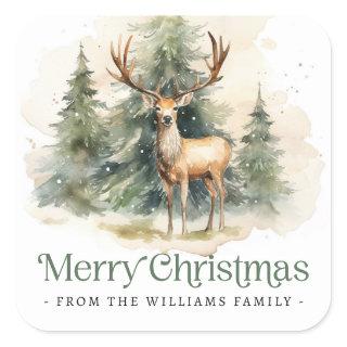 Stag and trees watercolor Merry Christmas Square Sticker