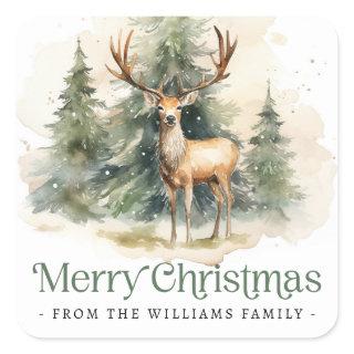 Stag and trees watercolor Merry Christmas Square Sticker